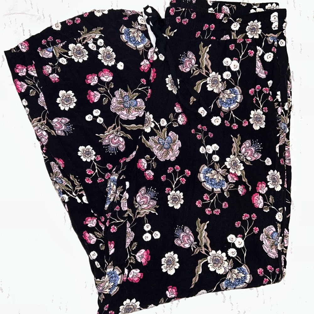 LOFT womens 100%‎ viscose black floral elastic waist pants w/pockets size Medium